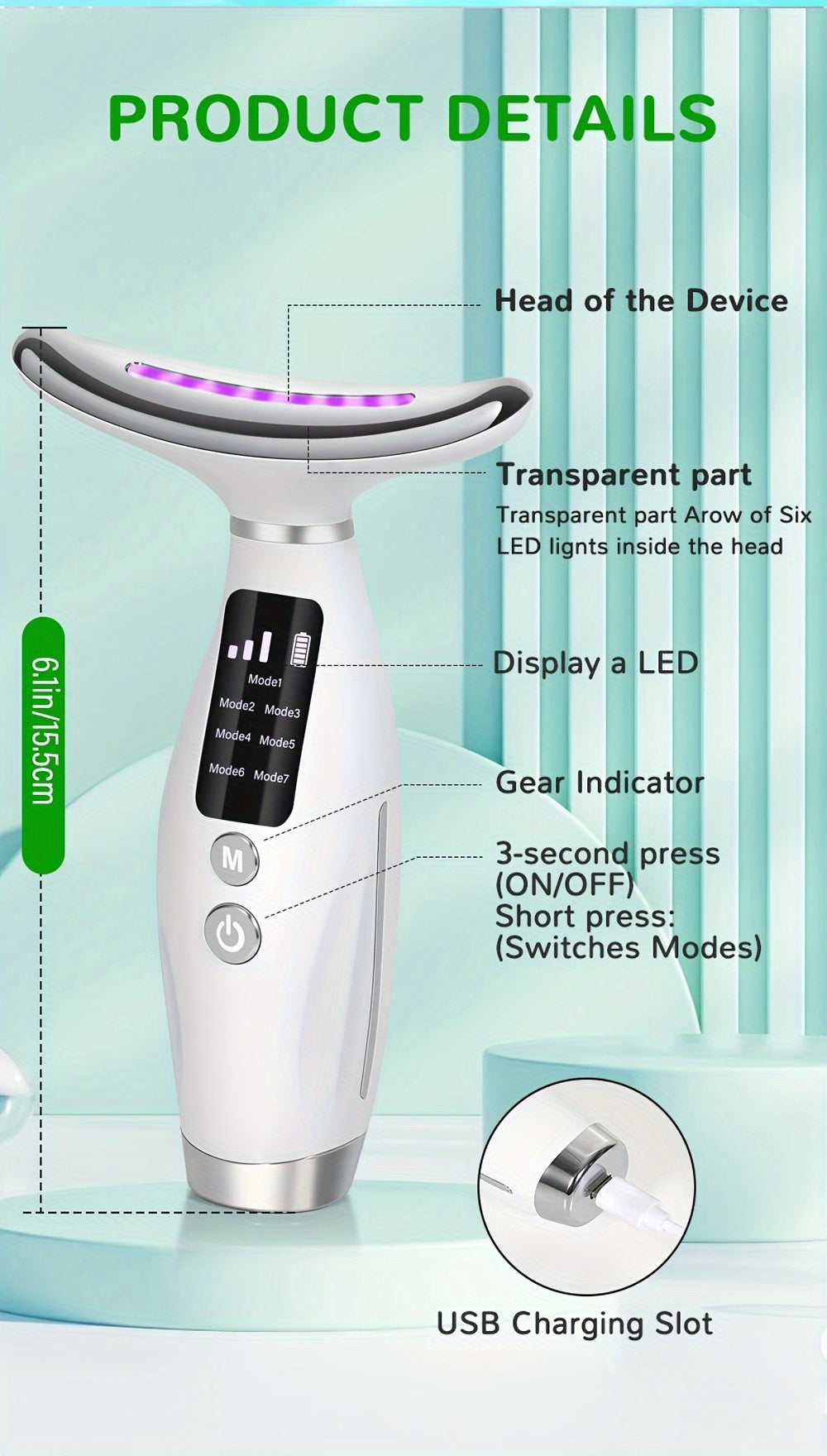 LED & Heated Wand for Face and Neck Therapy - Wrinkles - Skin Health