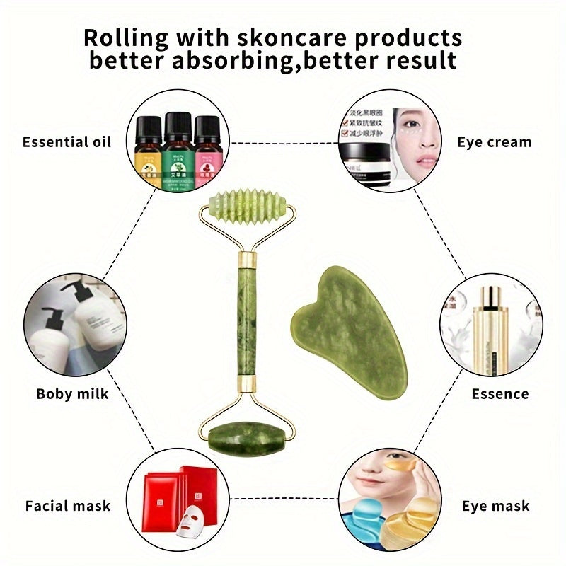 Jade Roller And Gua Sha Set, Roller With Eye Massager